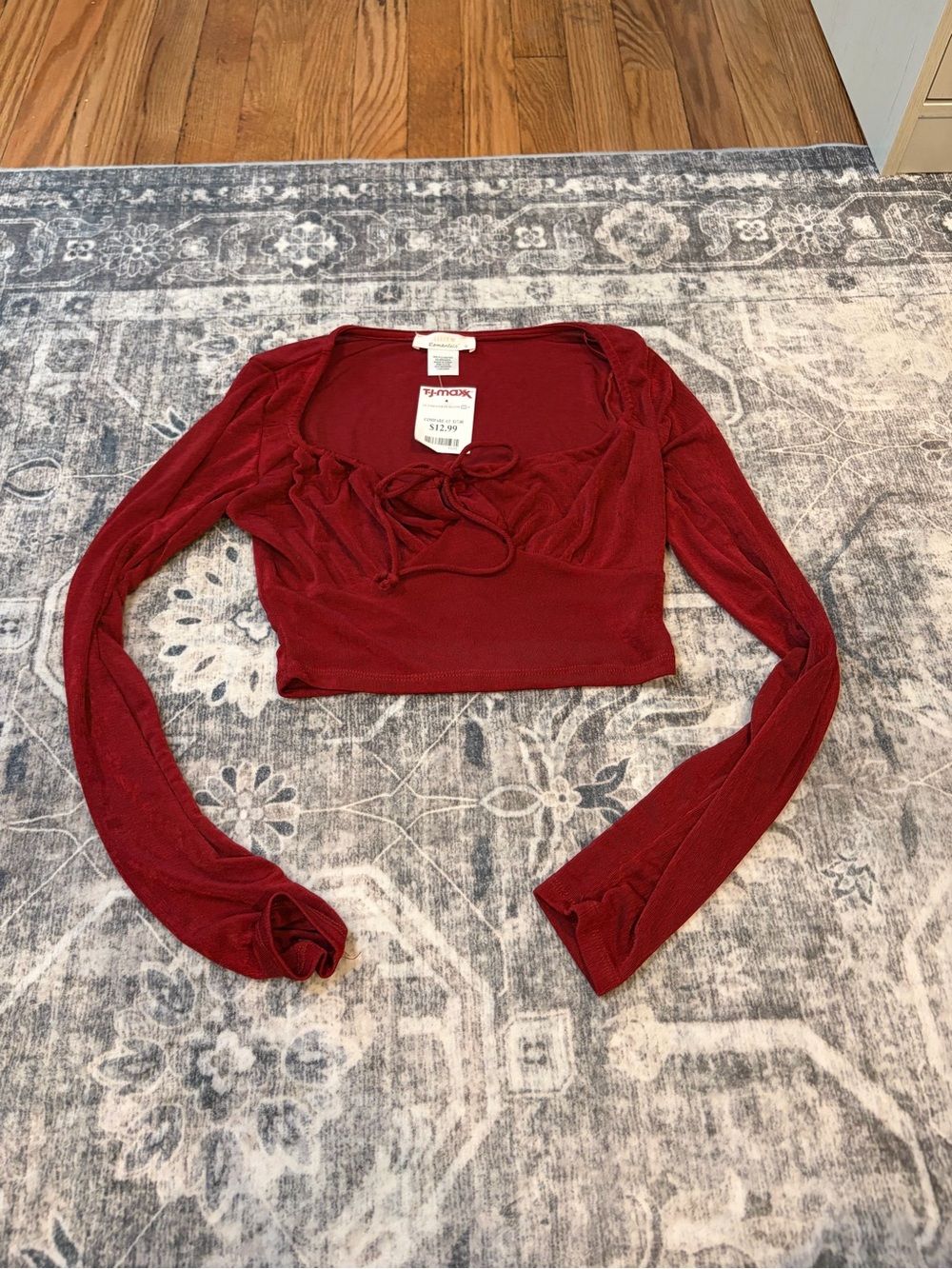 T.J.Maxx Tie-Front Long Sleeve Crop Top - Burgundy Red